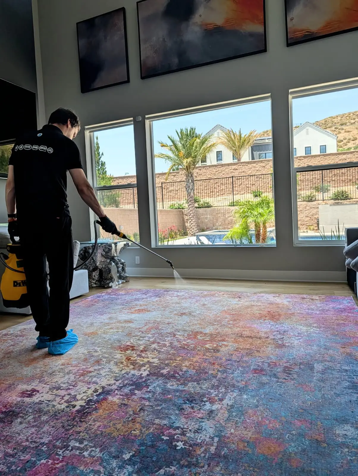 Technician treating a large area rug during professional cleaning