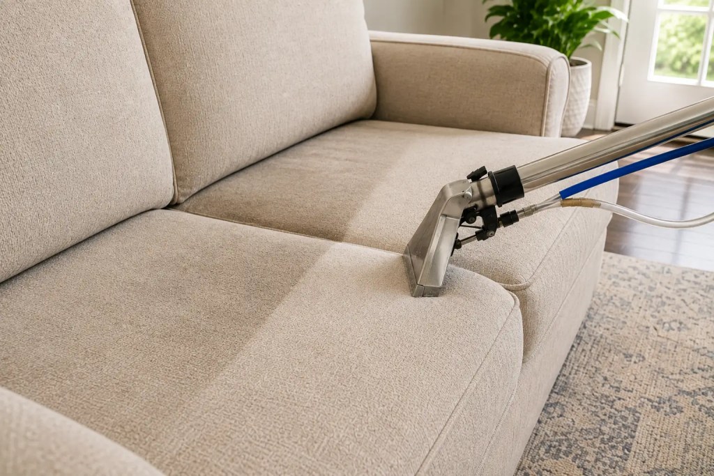 Deep sofa cleaning in Los Angeles with a professional upholstery extraction tool